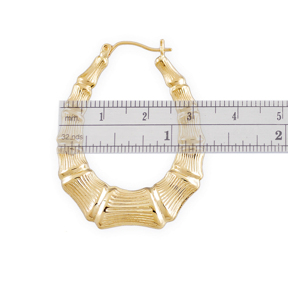 10k Real Gold Oval Shape Drop Down Bamboo Earrings Jewelry 1.25 Inch Wide Fine Jewelry