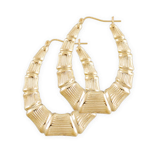 10K Yellow Gold Oval Bamboo Door Knocker Hoop Earrings 1.5 Inch Wide - Pair