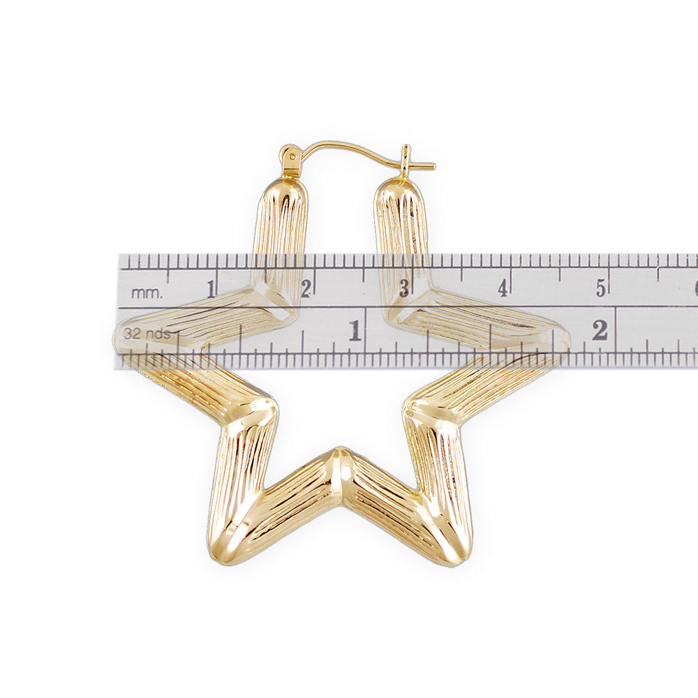 10K Real Gold Star hallow Bamboo Earrings Fine Jewelry 1.75 Inches.