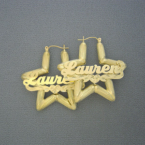 10K yellow gold star bamboo personalized name earrings 1.75 inch with diamond cut heart