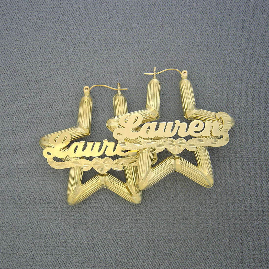 10K Gold Star Bamboo Personalized Shiny Name Earrings 1.75 Inch Diamond Cut Heart Underneath Design