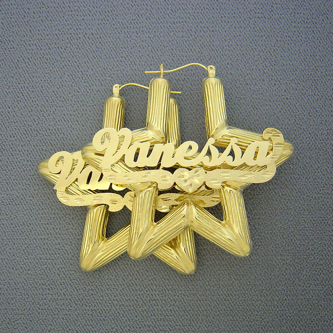 10K Gold Star Bamboo Personalized Shiny Name Earring 2.1 Inches Diamond Cut Heart Underneath Design