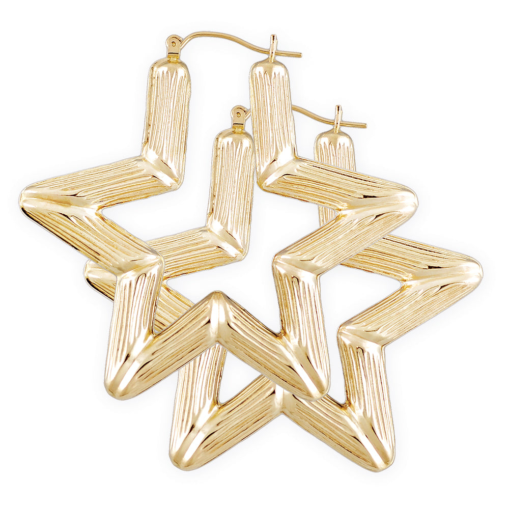 Real 10K Gold Star Hallow Bamboo Earrings Fine Jewelry 2.1 Inches