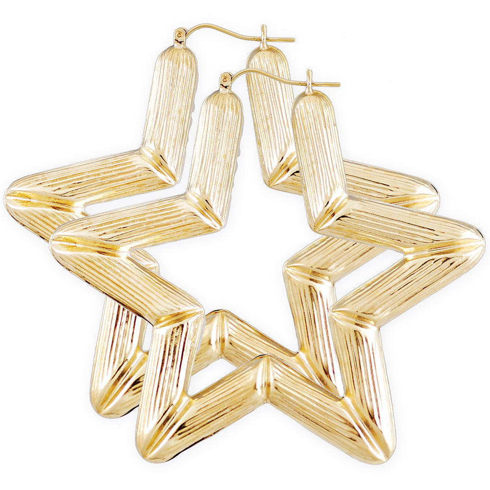 3 inch 10K yellow gold star bamboo door knocker earrings pair