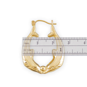 10k Real Gold 2 Dolphins Door Knocker Bamboo Earrings (1.1" Wide)