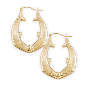 A pair of 10k gold real dolphin-shaped hollow door knocker earrings with a shiny finish and bamboo pattern.