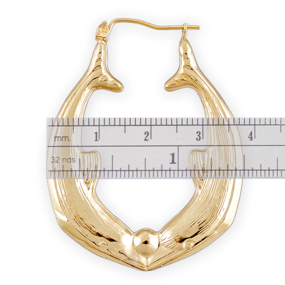 10k Real Gold 2 Dolphins Shiny Bamboo Design Door Knocker Hollow Earrings 1.5 Inch Wide