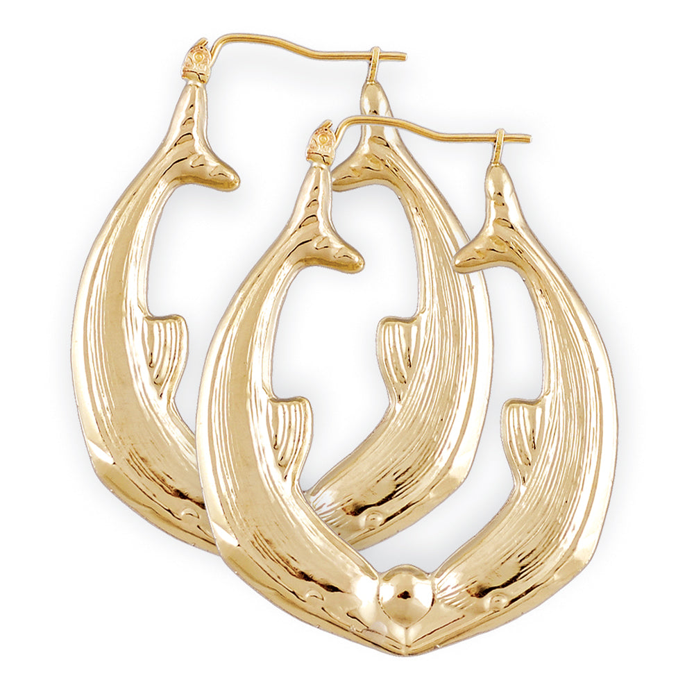 Large Real 10k Gold 2 Dolphins Shiny Bamboo Design Door Knocker Earrings 1.75 Inch Wide