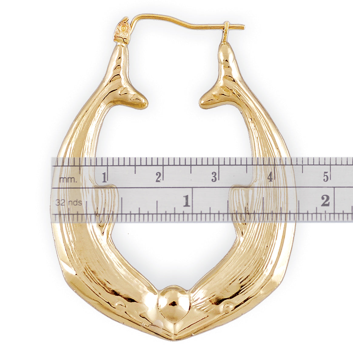 Large Real 10k Gold 2 Dolphins Shiny Bamboo Design Door Knocker Earrings 1.75 Inch Wide