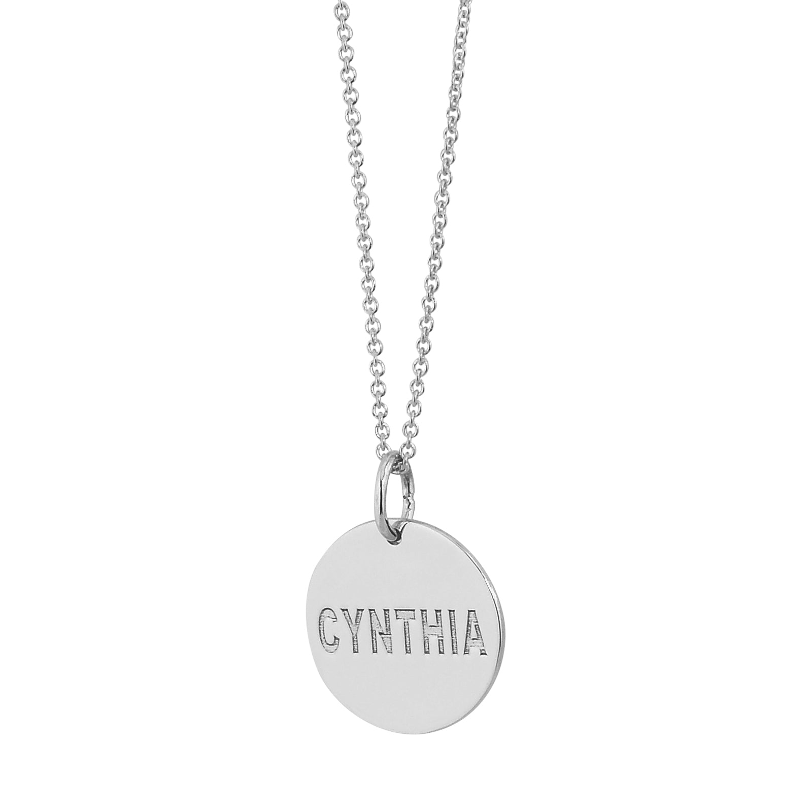 Solid white gold personalized name disc charm pendant with a deep laser engraved