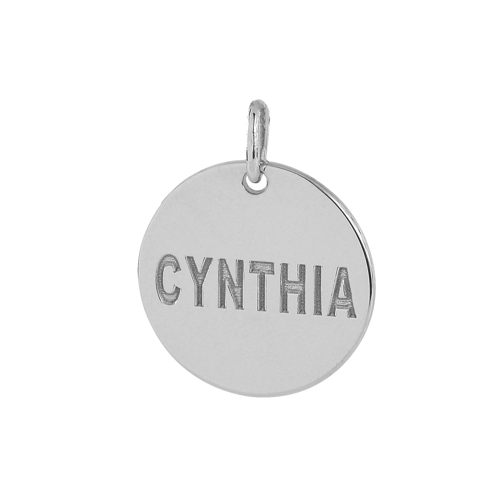 Solid white gold personalized name disc charm pendant with a deep laser engraved