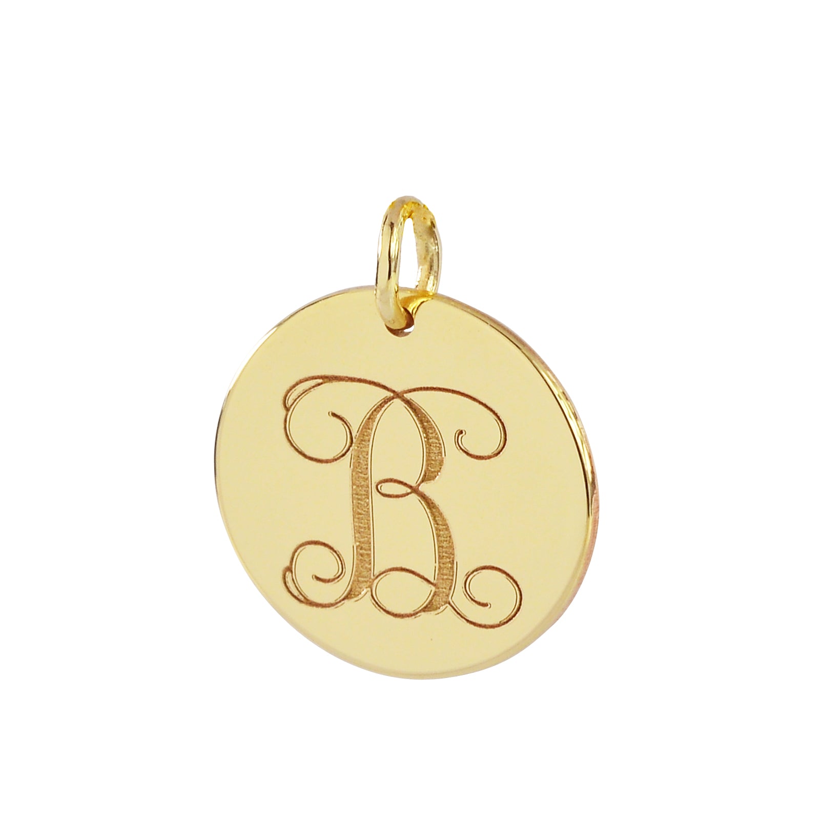 Solid gold monogram initial disc charm pendant with a deep laser engraved design on a chain.