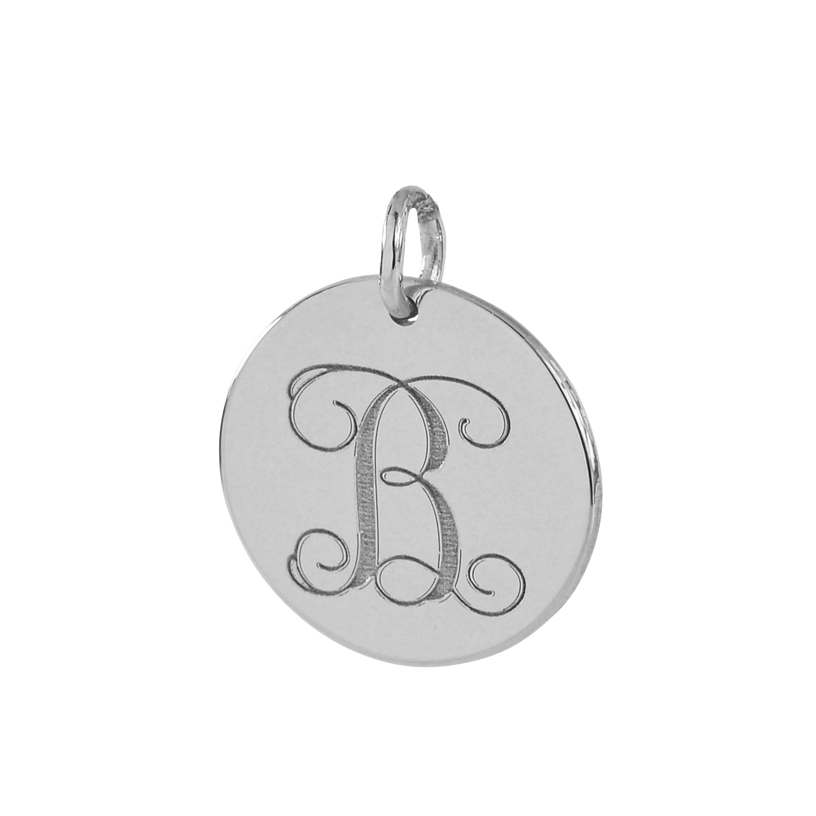 Solid white gold monogram initial disc charm pendant with a deep laser engraved