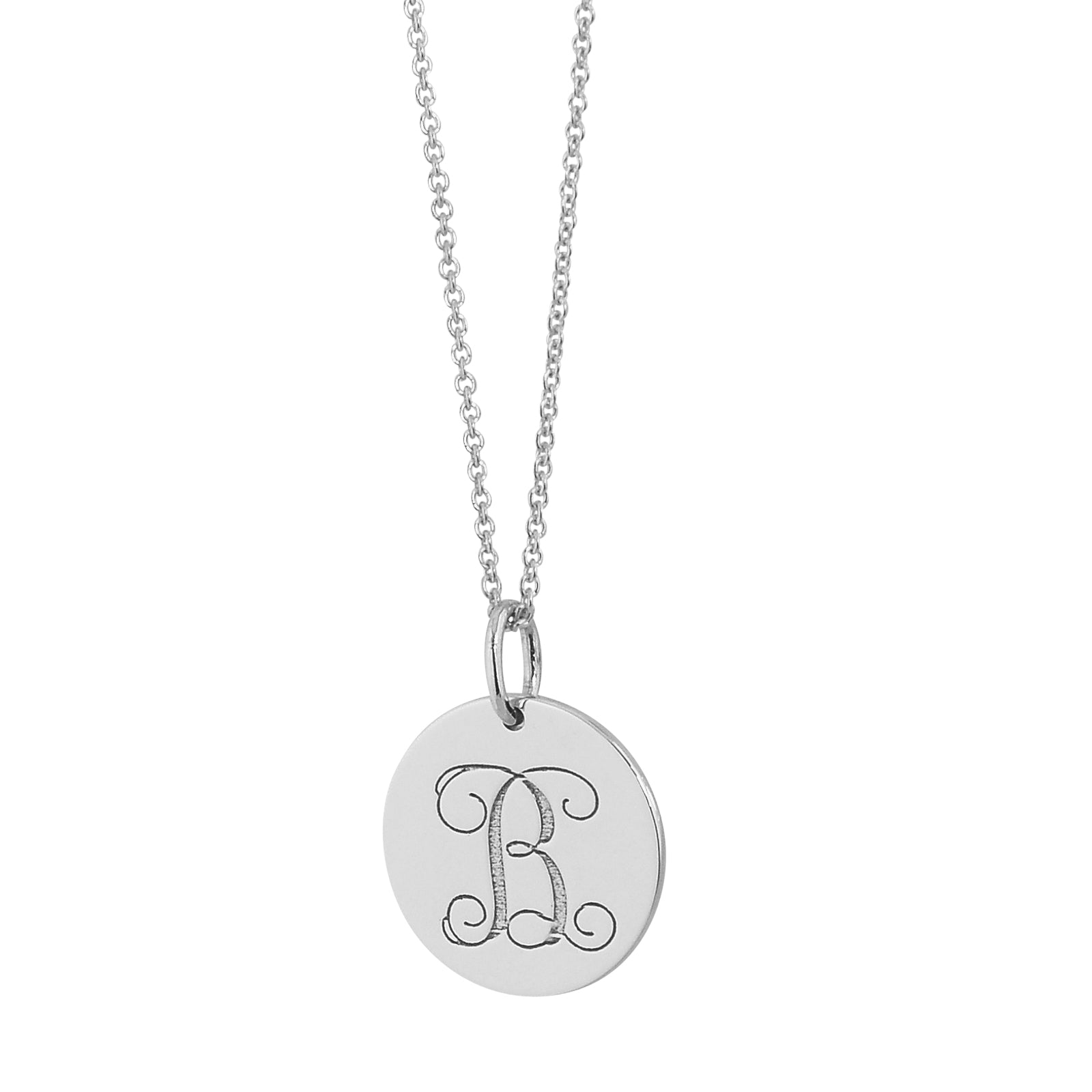 Solid white gold monogram initial disc charm pendant with a deep laser engraved with white gold Rolo chain
