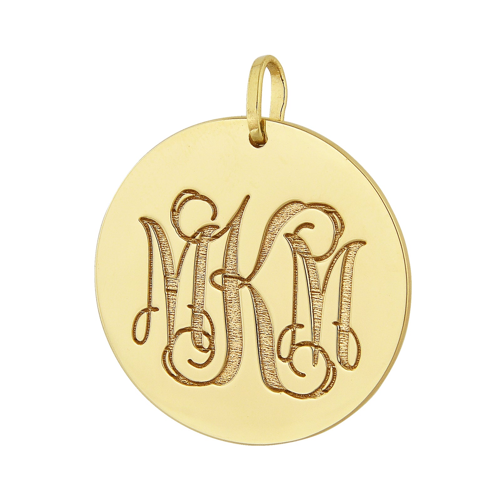1 inch gold pendant with engraved 3 initials monogram disc.