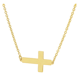 Minimalist 14k horizontal solid gold cross pendant close up