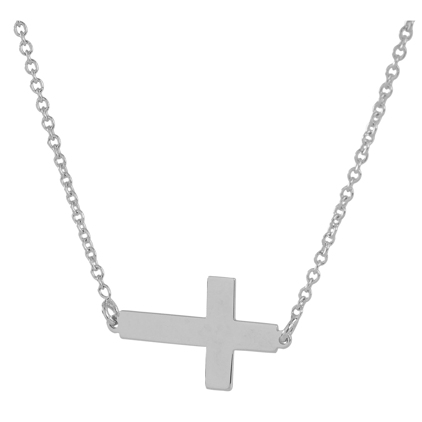14k white gold sideways cross necklace on sturdy rolo chain