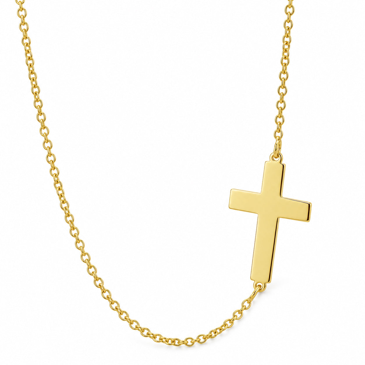 Yellow gold sideways cross necklace with rolo chain on white background