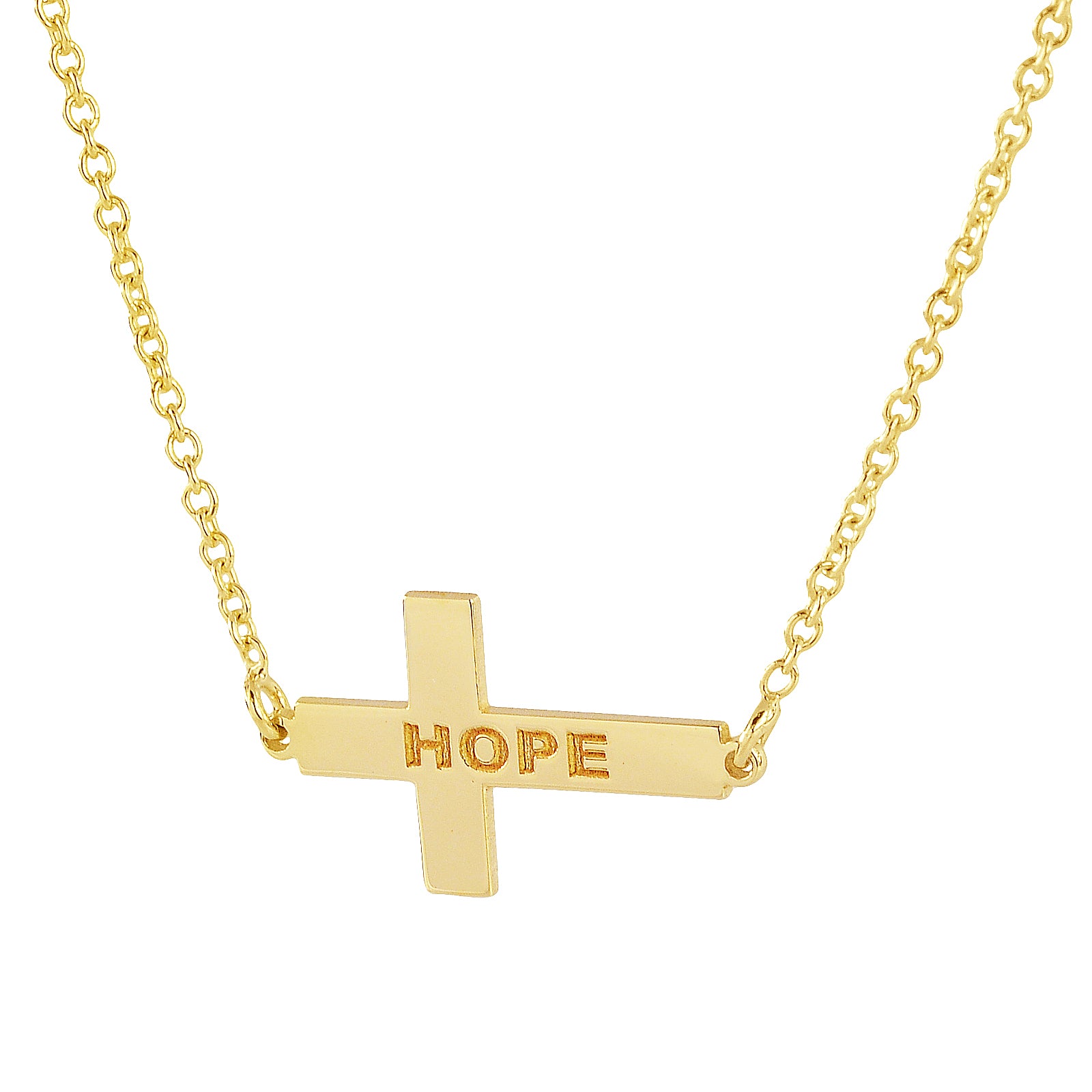 A gold cross pendant necklace with the word 'HOPE' engraved on the horizontal bar, suspended from a delicate gold chain