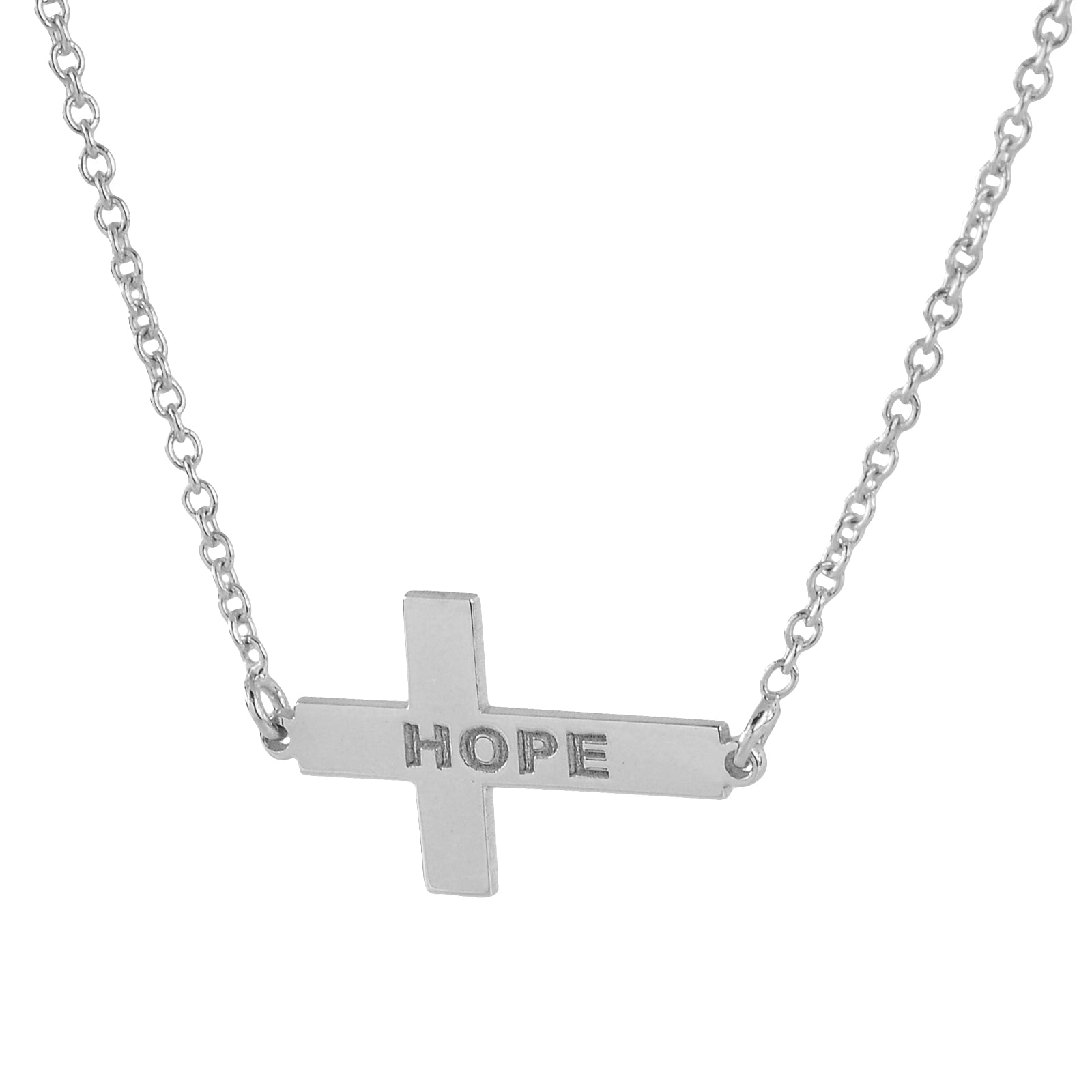 Custom engraved 14k white gold sideways cross pendant necklace close up