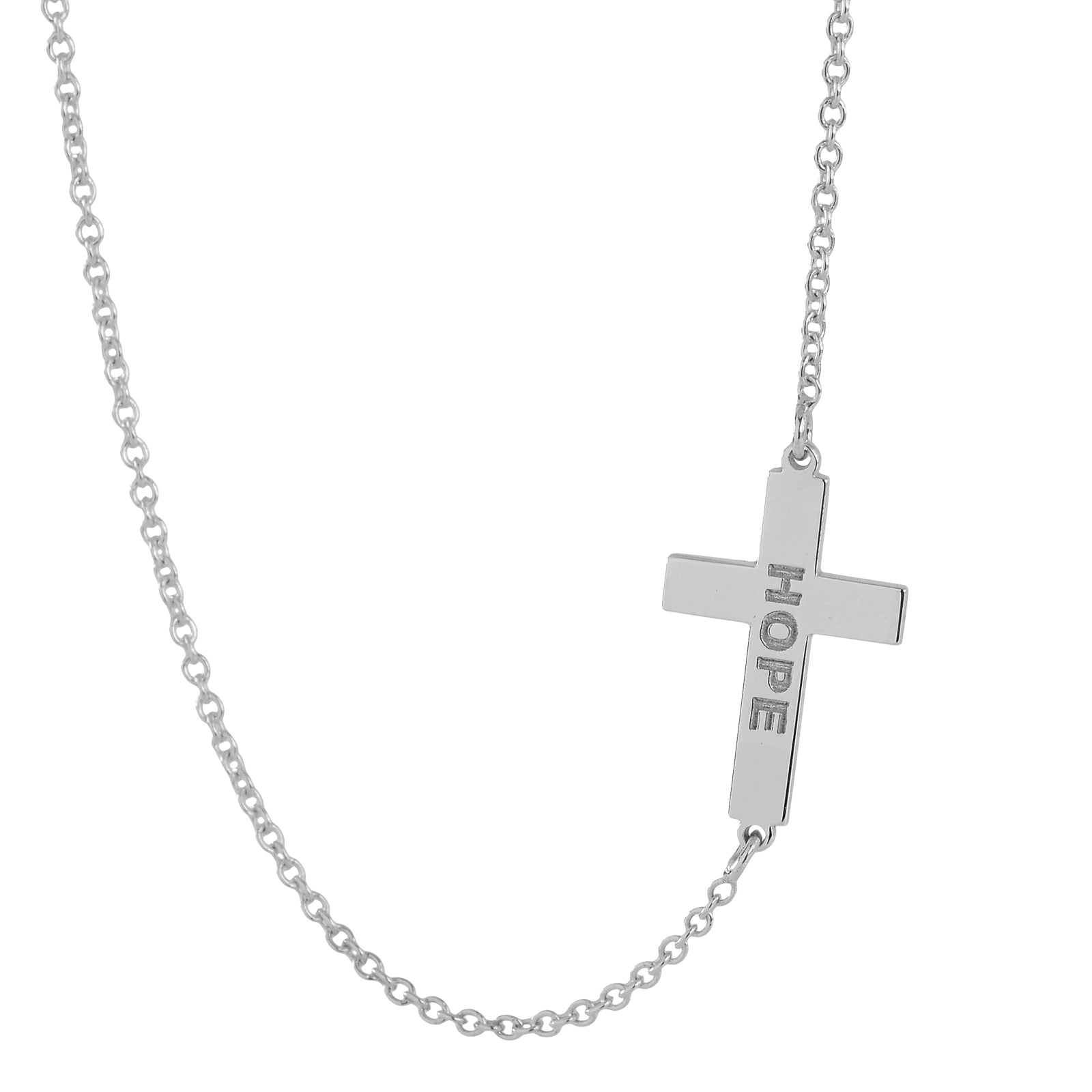 Custom engraved 14k white gold sideways cross pendant necklace