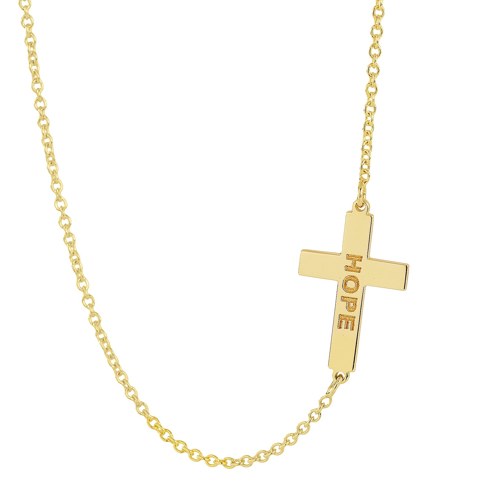 A gold chain necklace featuring a cross-shaped pendant engraved with the word 'HOPE' vertically, shown against a plain white background.