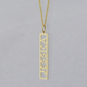 Solid 10k yellow gold vertical bar pendant engraved with custom name Jessica