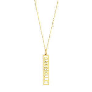 Solid 14k yellow gold vertical bar pendant engraved with custom name Jessica