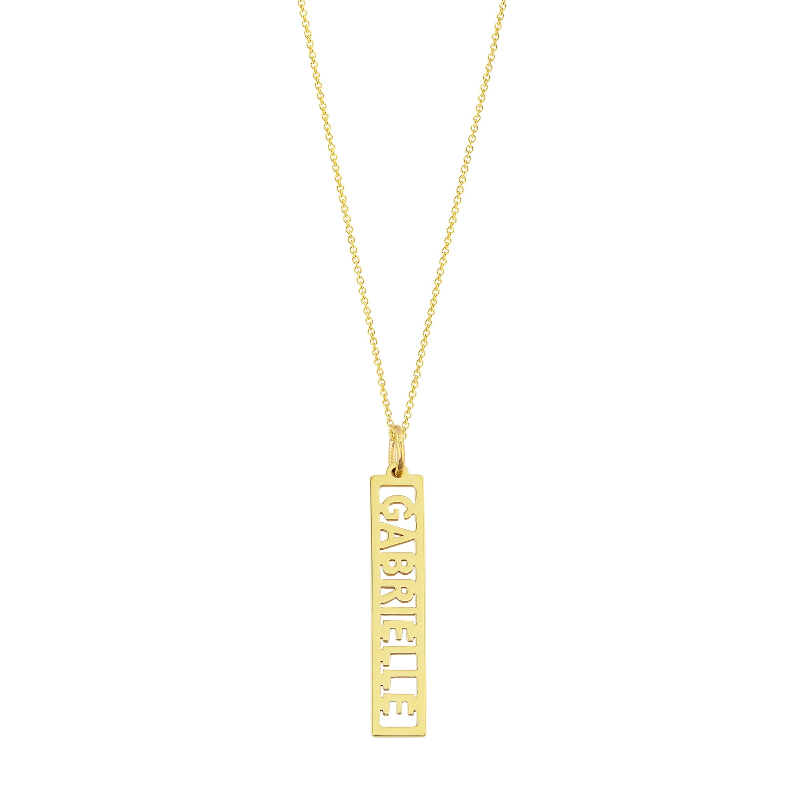 Solid 14k yellow gold vertical bar pendant engraved with custom name Jessica