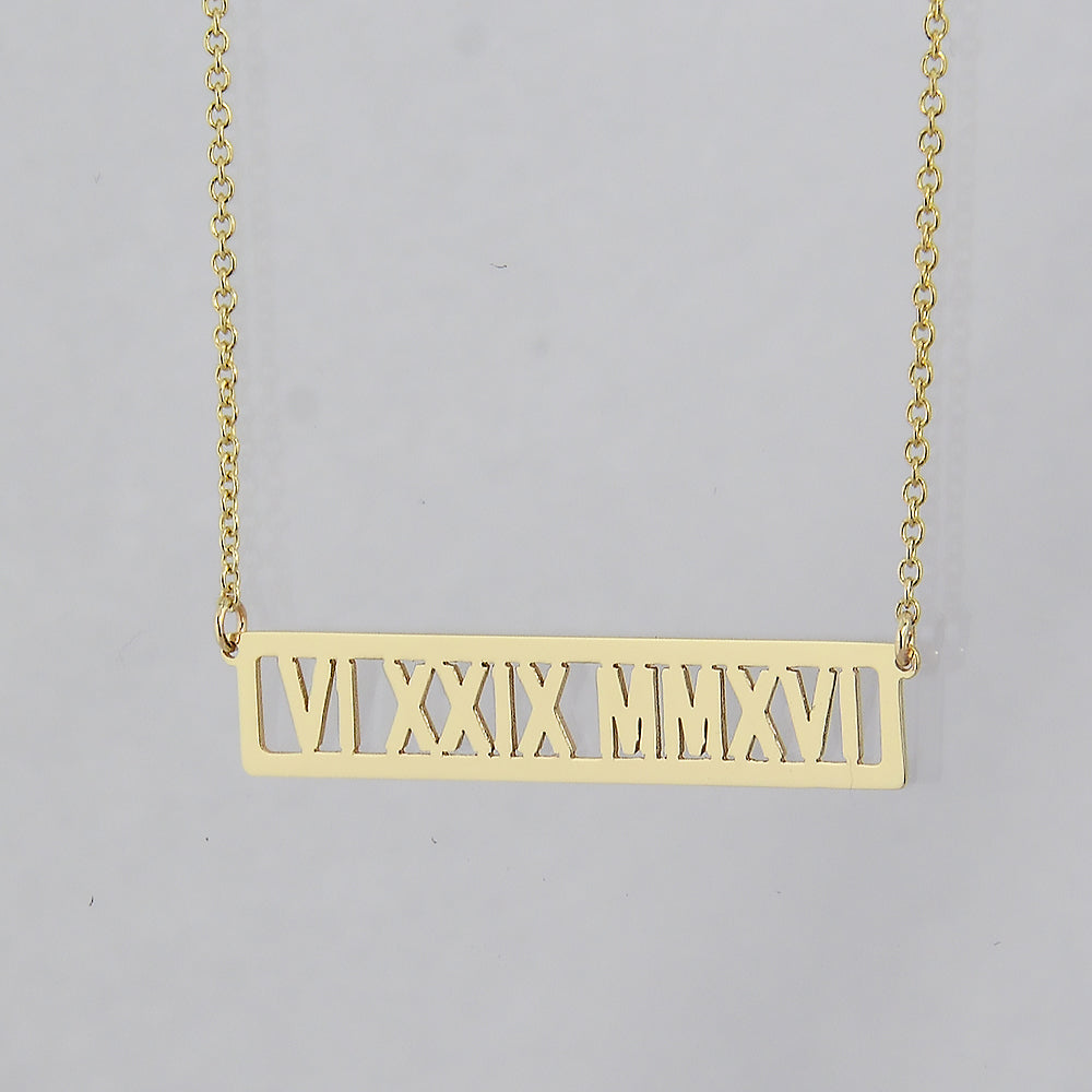 Custom solid gold horizontal bar pendant necklace with Roman numeral date laser engraving