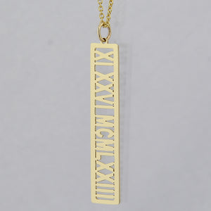 Custom 14k yellow gold vertical bar pendant necklace Roman Numeral