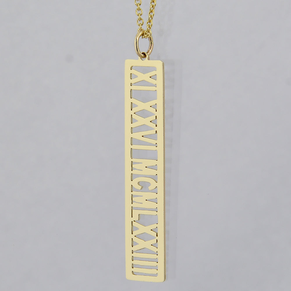 Custom 14k yellow gold vertical bar pendant necklace Roman Numeral