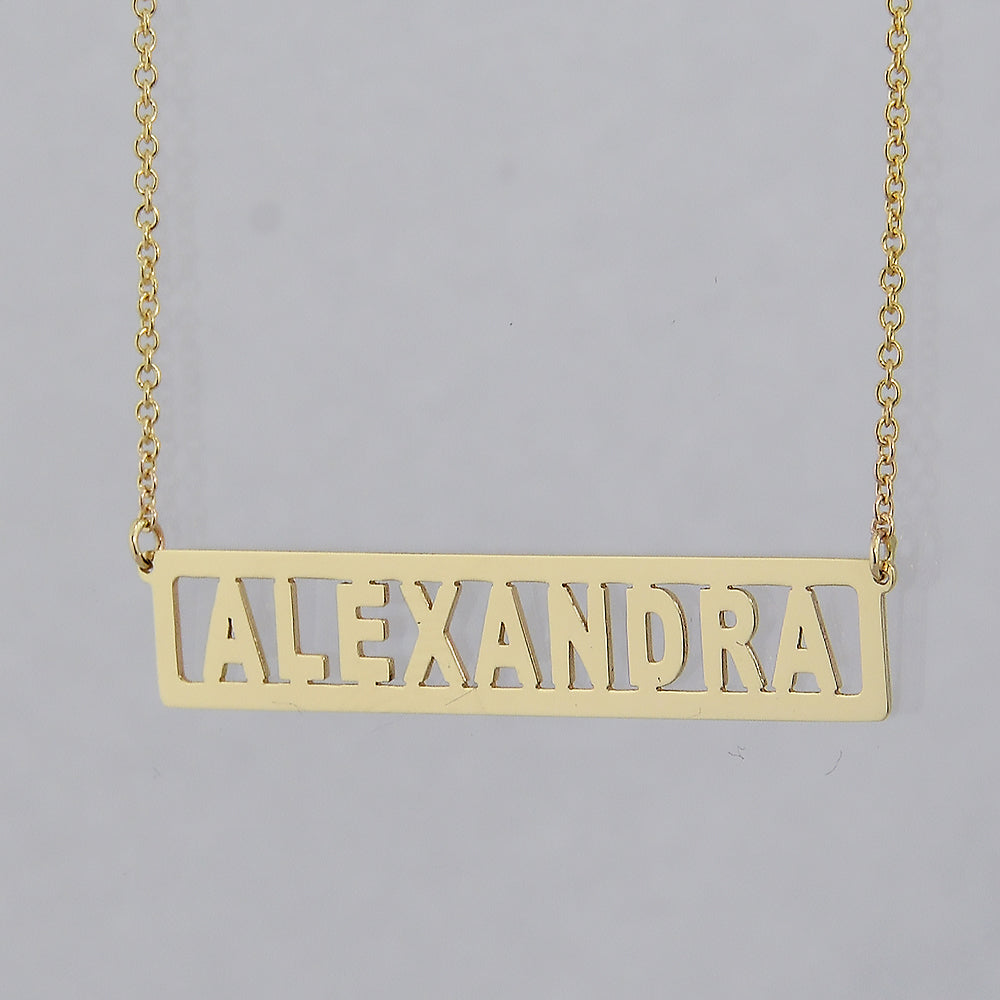 10k solid gold personalized nameplate bar pendant on split Rollo chain