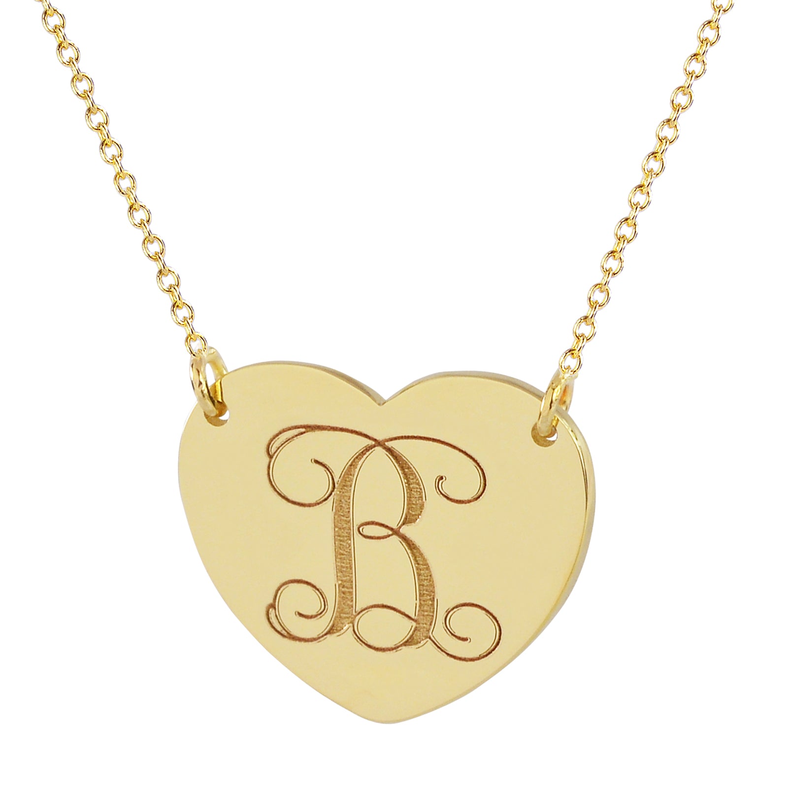 Solid 10k yellow gold heart monogram necklace with laser engraved fancy letter B