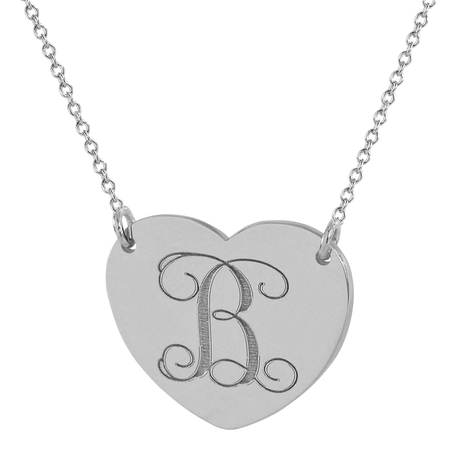 Solid white gold heart disc charm necklace with custom initial engraving
