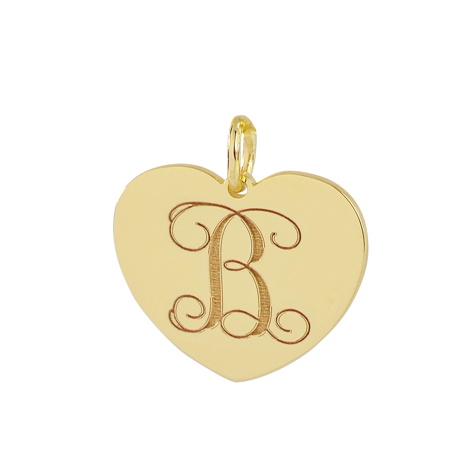 Solid 14K yellow gold monogram heart disc charm pendant with custom laser engraved initial B