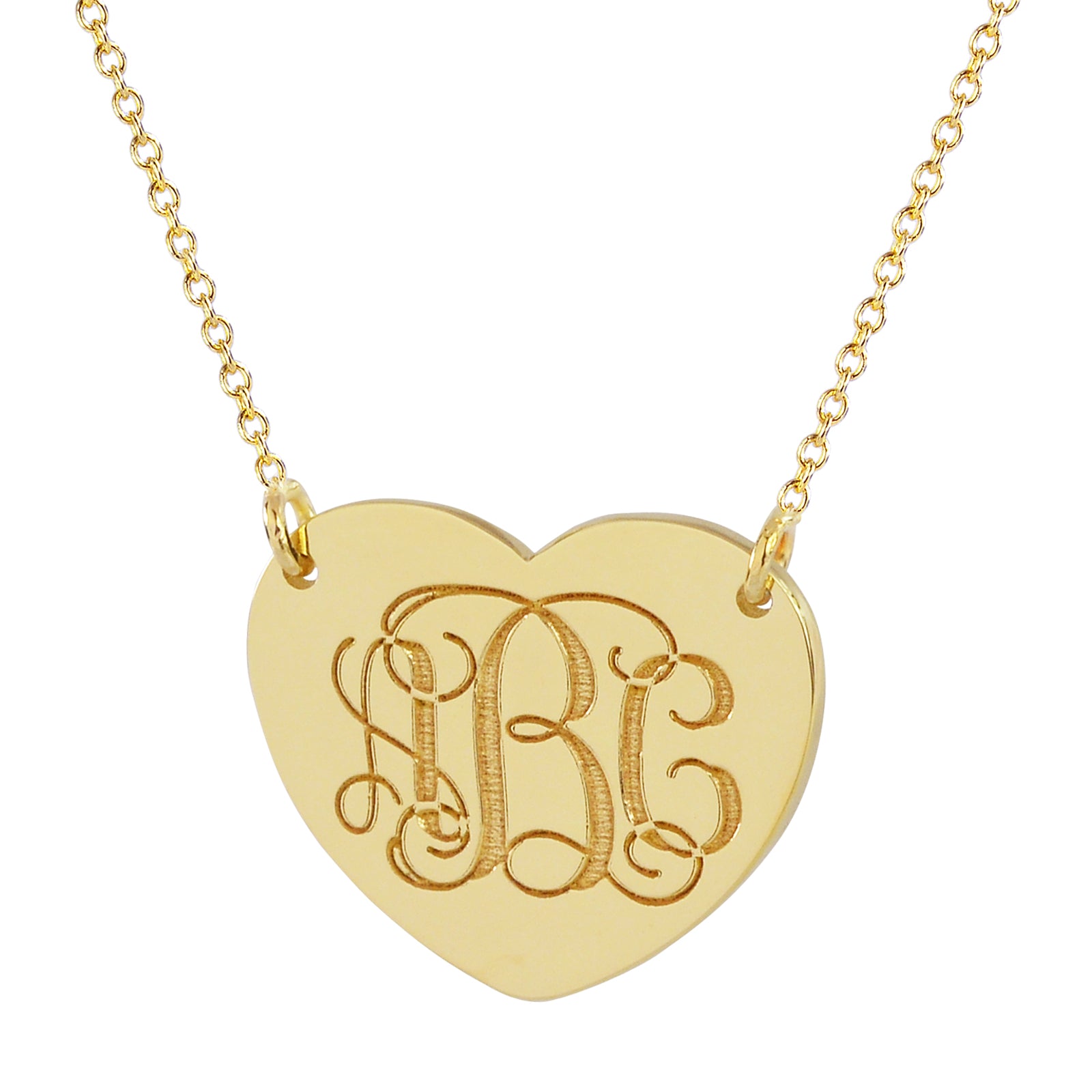 Custom 14k yellow gold small monogram heart charm necklace with 3 initials