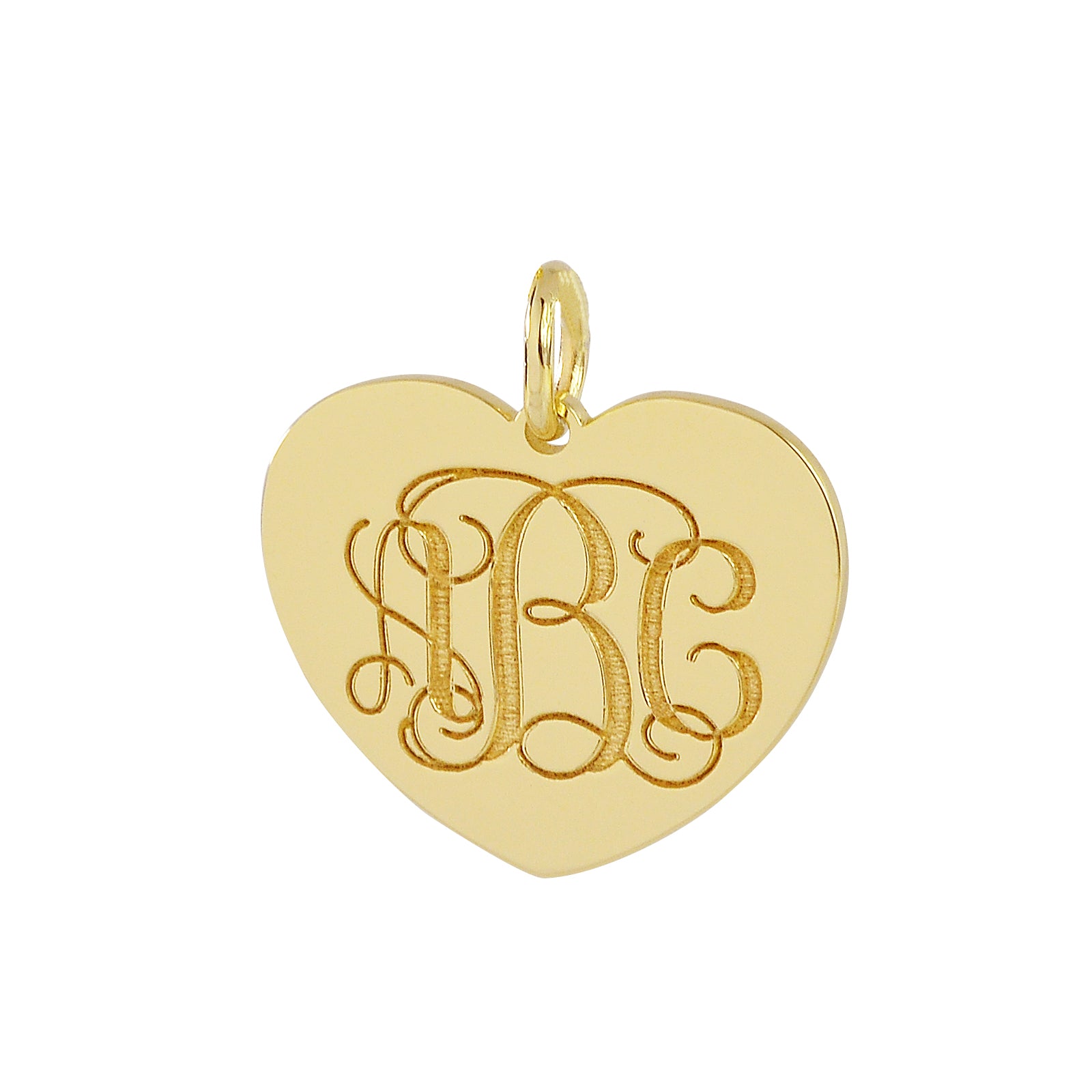 Solid 10k yellow gold heart disc pendant with personalized 3-letter laser engraved monogram