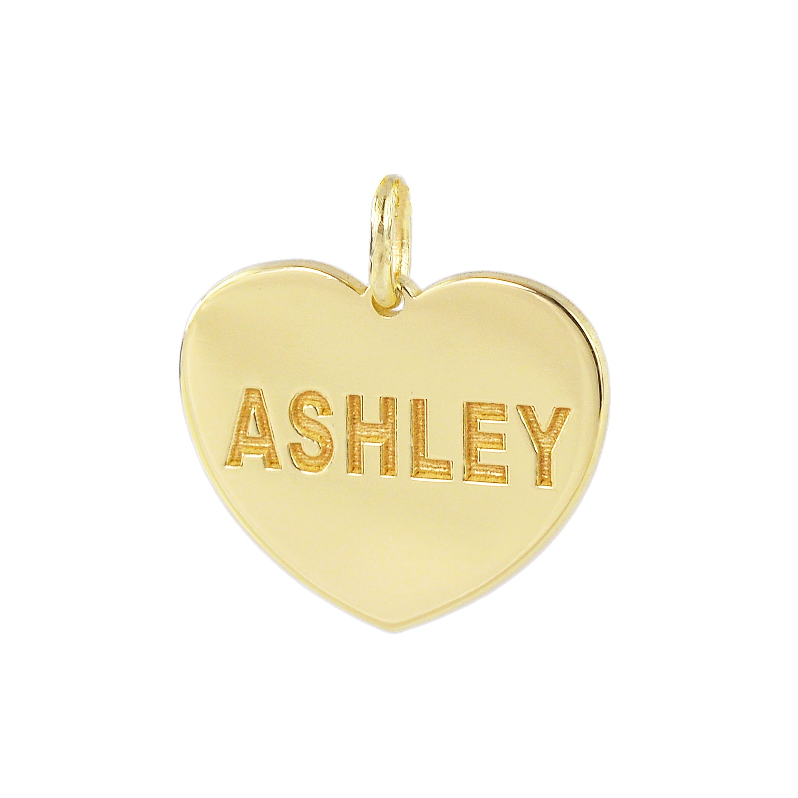 Small personalized 14k gold heart disc charm pendant engraved with name Ashley