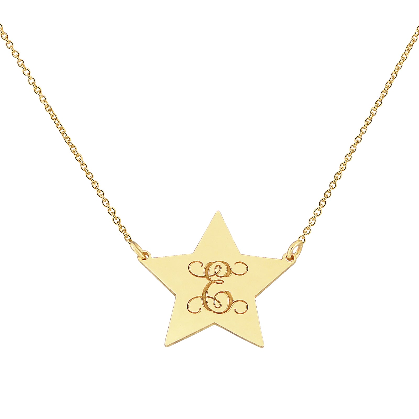 10k and 14k solid gold star pendant necklace laser engraved with a custom monogram initial