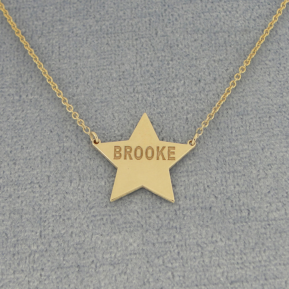 Solid 10k or 14k Gold Laser Engraved Star Disc Charm Necklace GC26C
