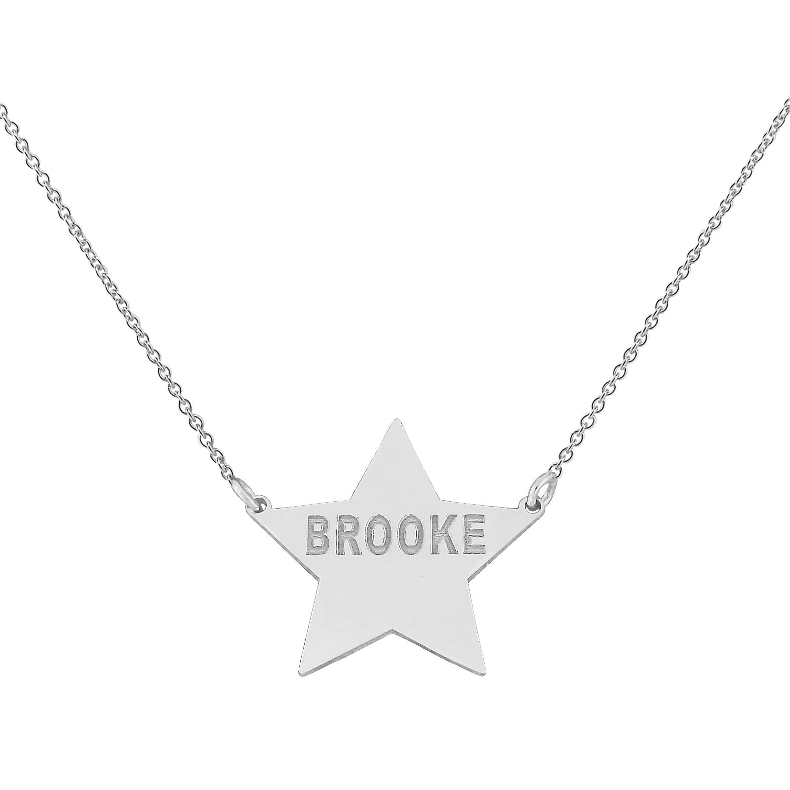Close-up of deep laser-engraved name on solid 10K white gold star charm penda