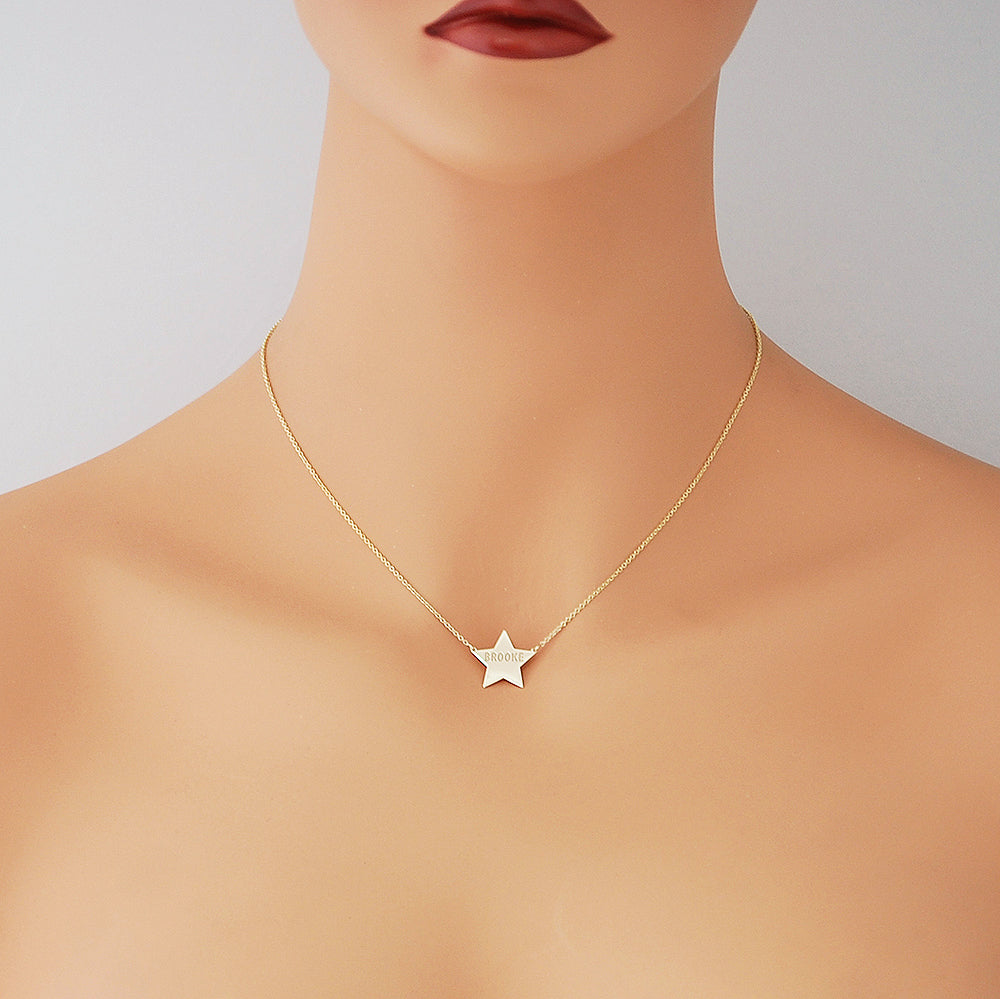 10k or 14k Solid Gold Personalized Laser Engraved Star Charm Disc Necklace Fine Name Jewelry GC26C