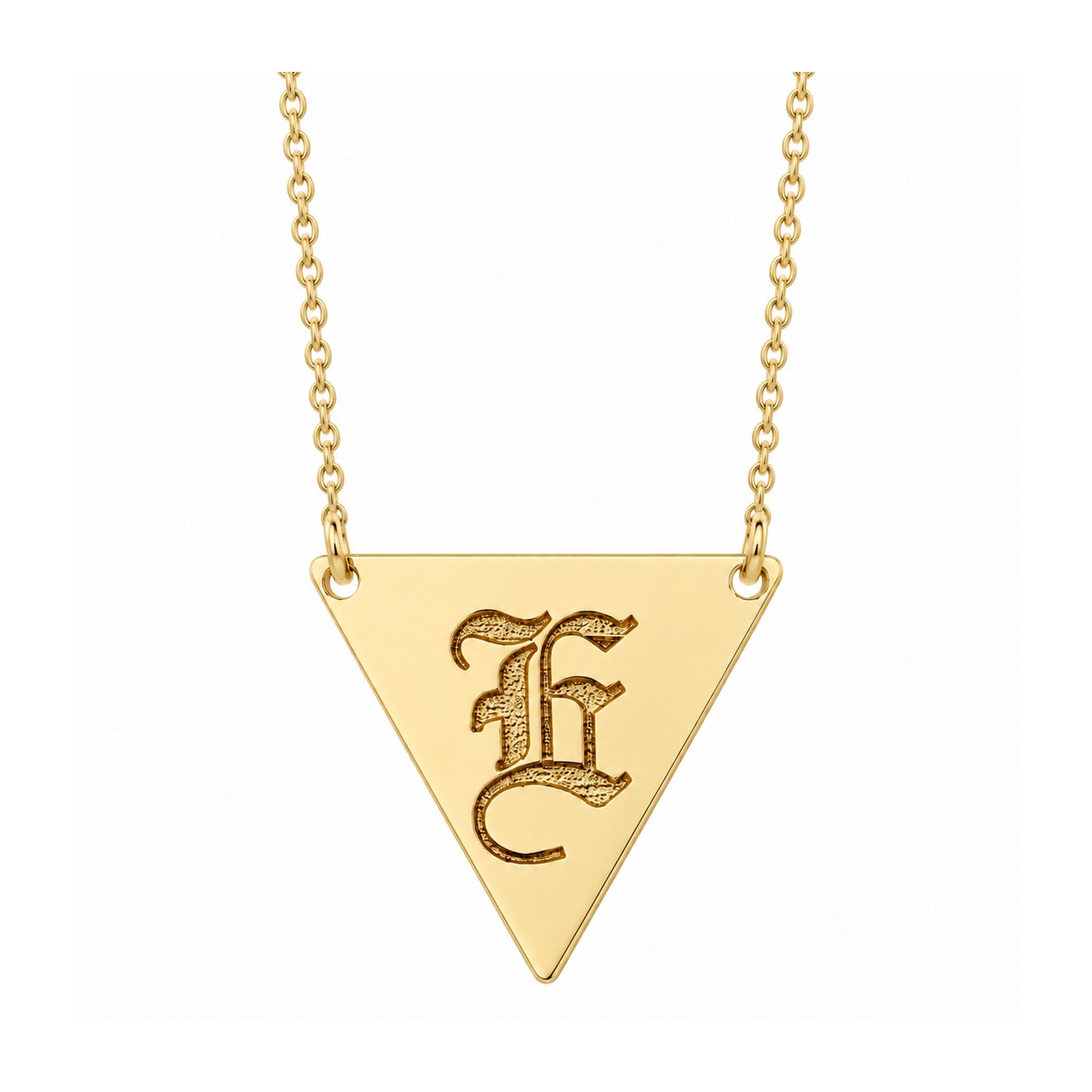 Yellow gold triangle monogram necklace engraved with E on a split chain