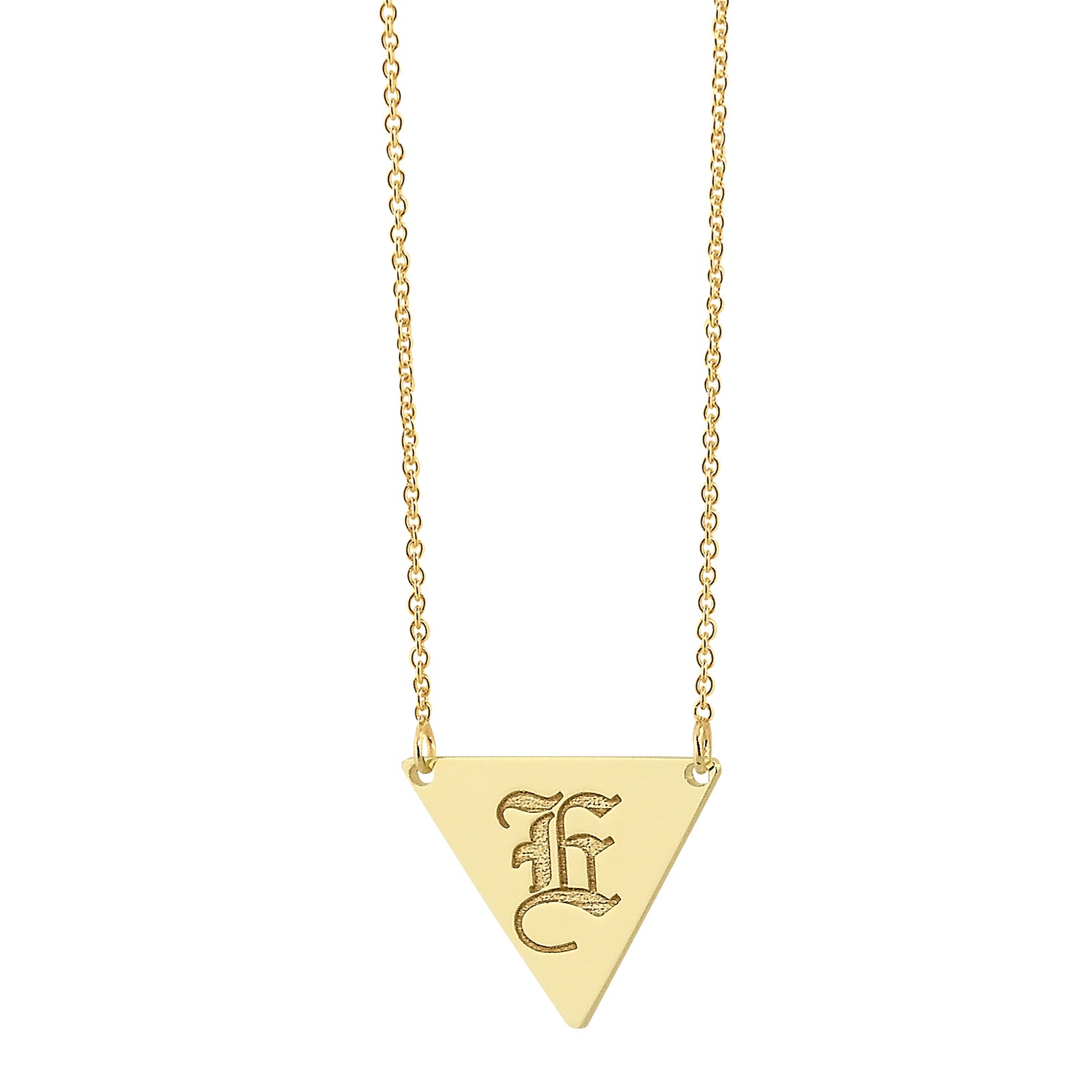 14k yellow gold triangle monogram necklace engraved with initial letter E