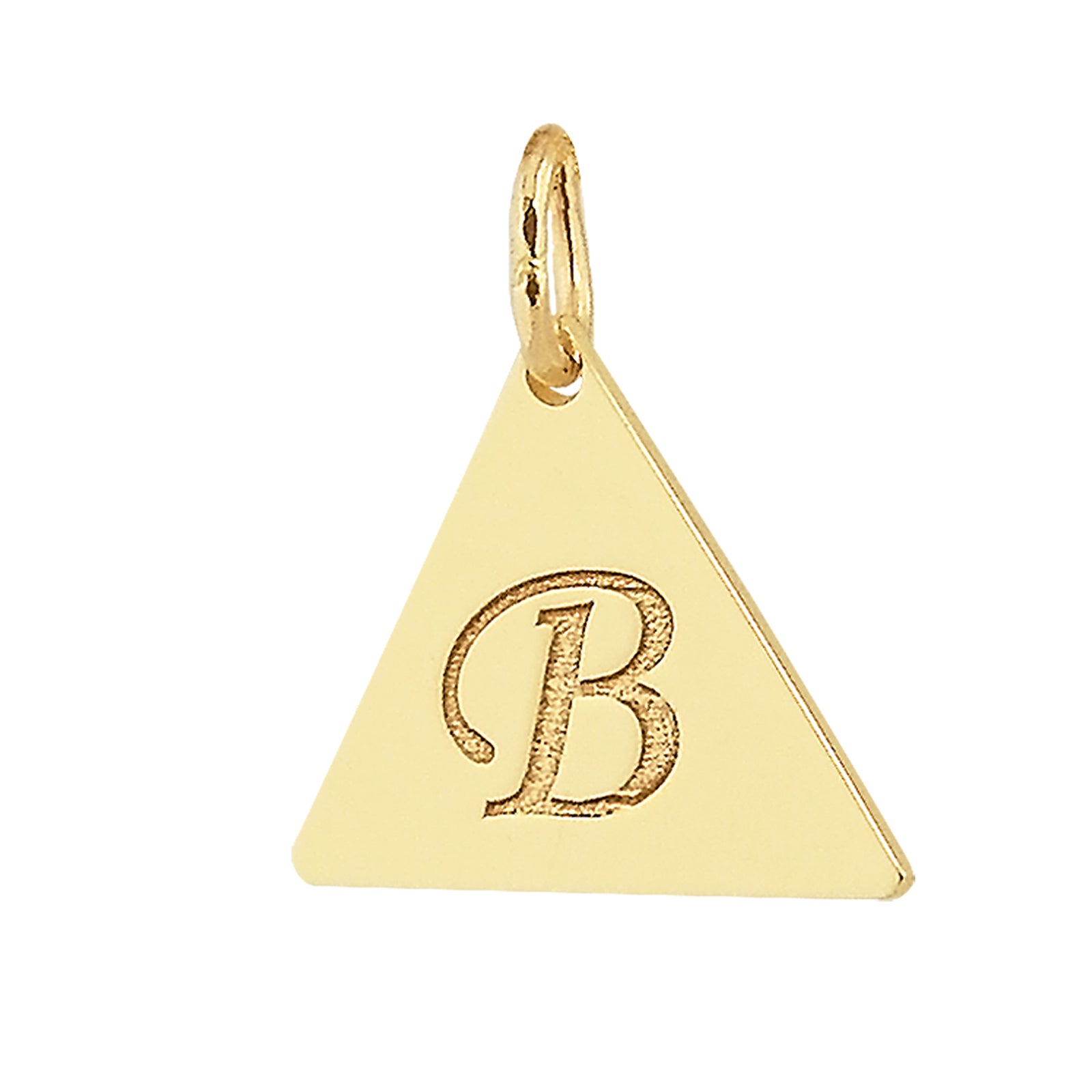 Solid yellow gold triangle initial necklace engraved with letter B
