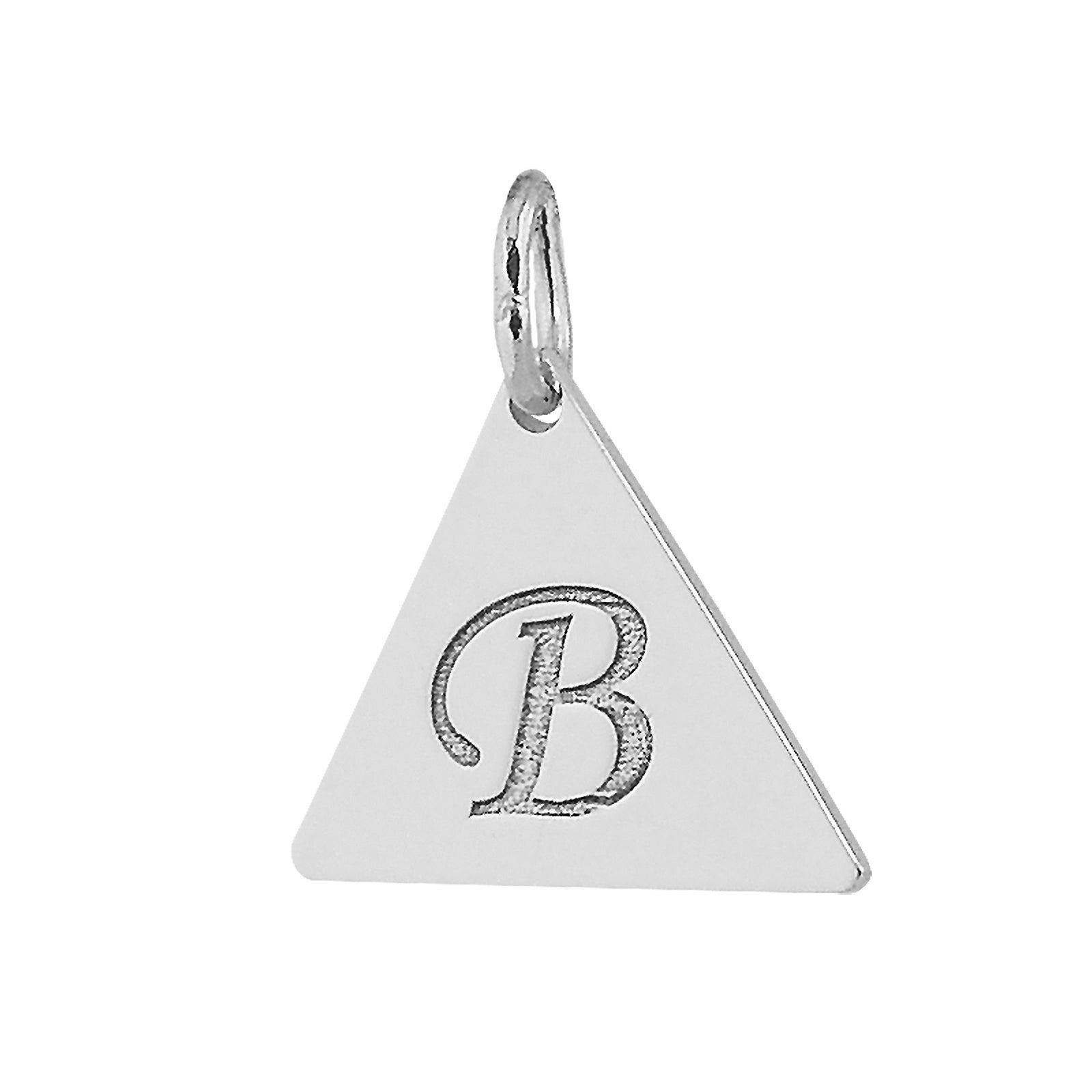 Solid white gold triangle initial pendant with custom engraved letter B