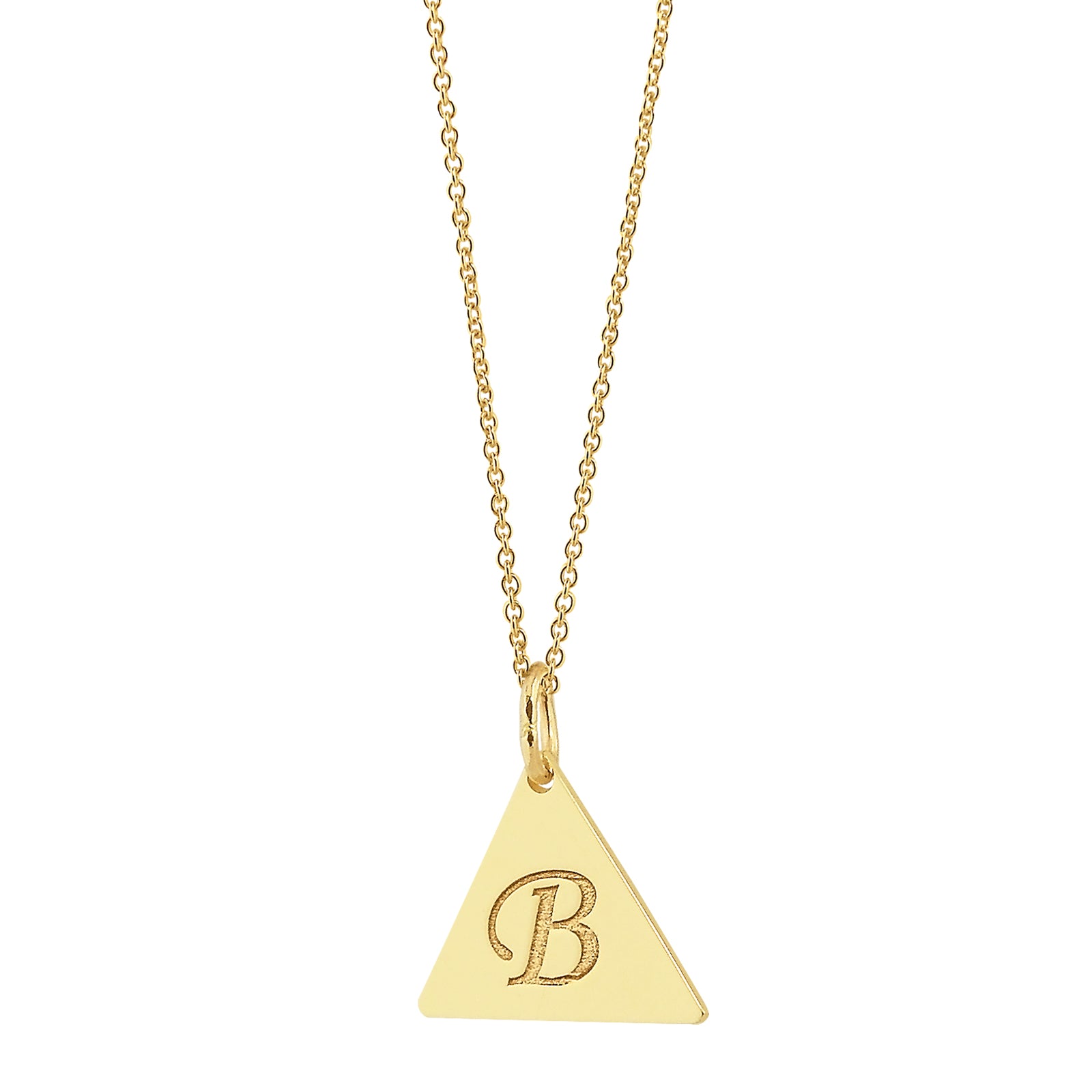Solid yellow gold triangle initial necklace engraved