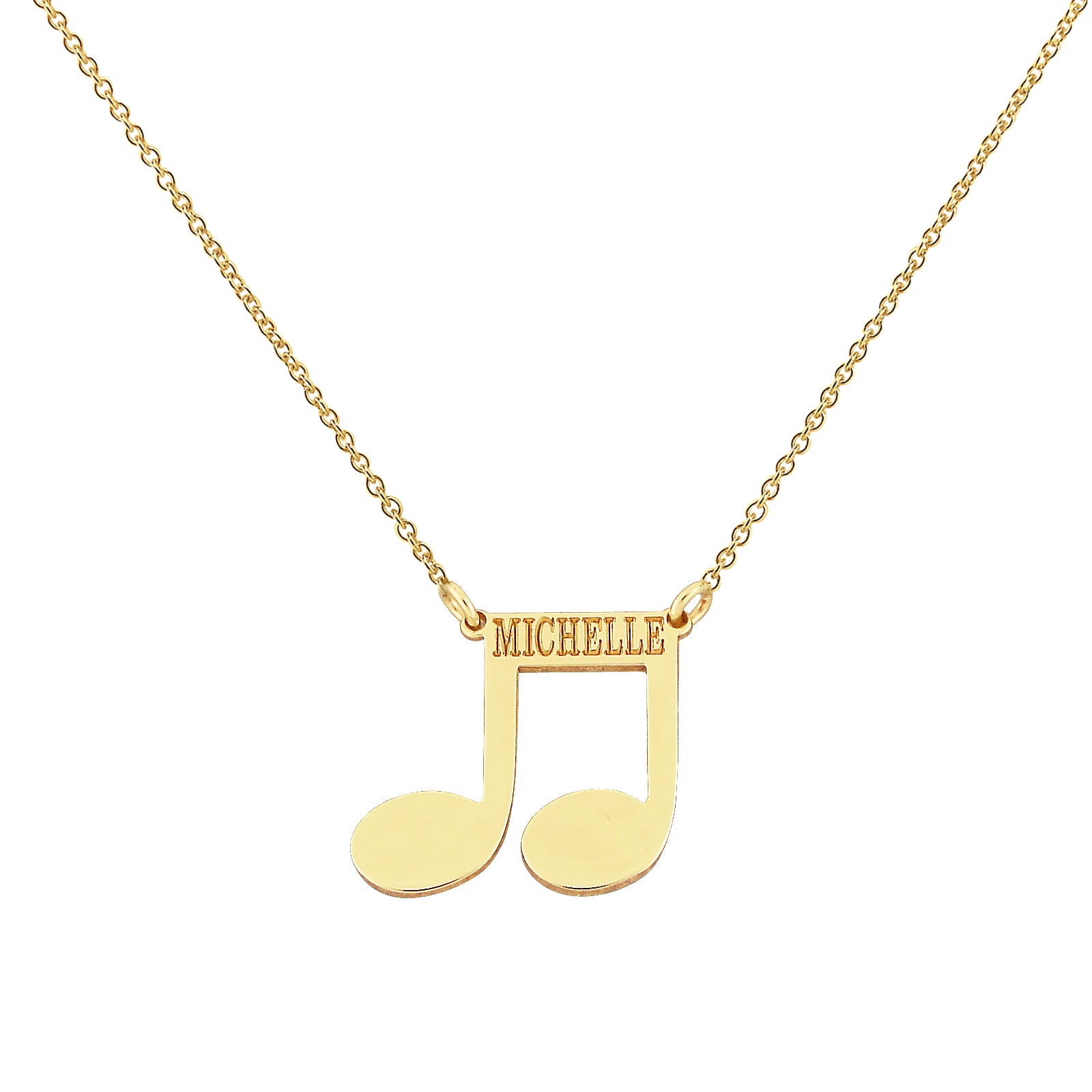 Custom solid 14k gold music note name necklace engraved with the name Michelle
