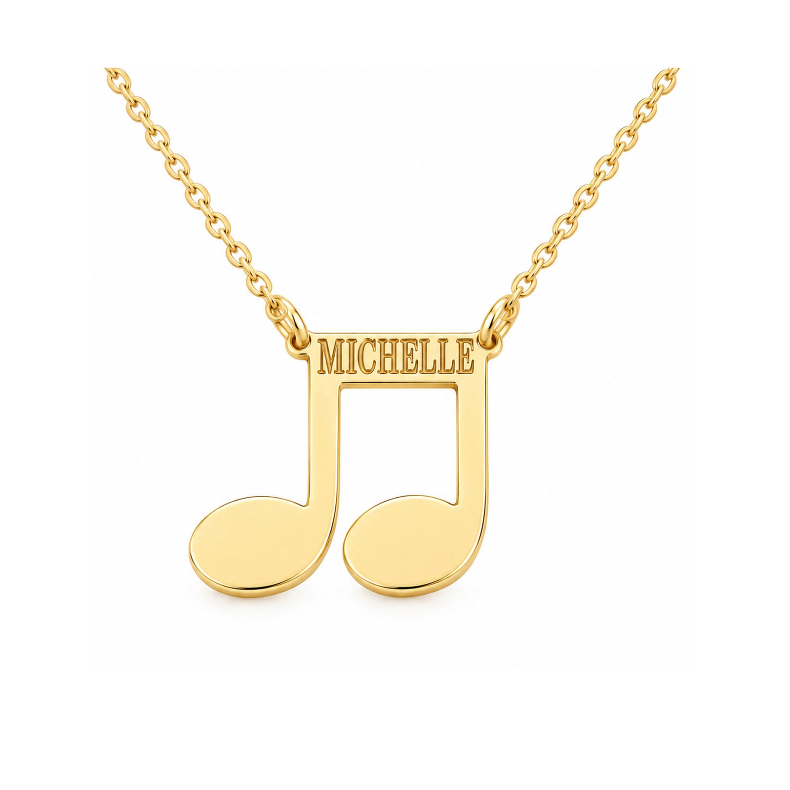 Yellow gold music note name necklace engraved MICHELLE, shown close up on a white background